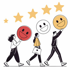 People progressively holding smiling faces and stars on white background