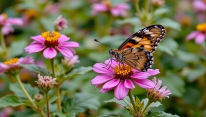 Naklejka premium Intricate Butterfly Perched on Vibrant Pink Flower in a Lush Garden Setting During Summer