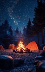 Campfire is lit in front of a tent in a forest. The scene is peaceful and serene