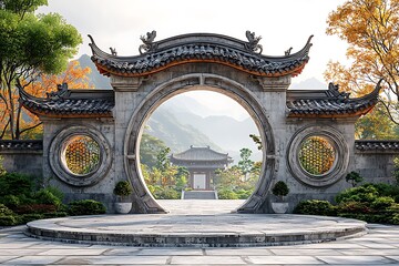Stone Path Leading Through Ancient Circular Arch In Heritage Park high resolution photo