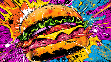 Vibrant pop art burger with exploding colors, featuring layers of lettuce, tomato, cheese, and bacon, set against dynamic comic style background