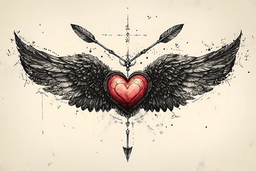Symbolic heart with black wings and dual arrows in grunge ink illustration high resolution photo
