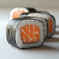 Tasty salmon sushi rolls arranged neatly on white plate with black sesame garnish high resolution photo