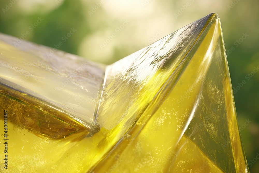 Aufkleber yellow triangular glass object on a reflective surface with soft lighting and neutral background.