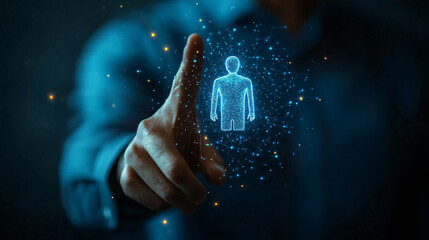 A hand gently touching a glowing blue virtual human figure, symbolizing futuristic digital interaction and technology.

