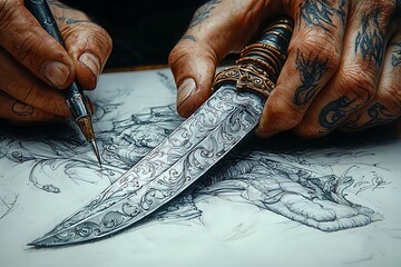 Tattooed hands drawing detailed art using engraved knife and pencil on sketchbook surface high resolution photo