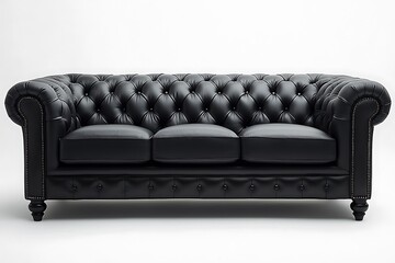 Three-seater black leather Chesterfield sofa with velvet red pillows and nailhead trim high resolution photo