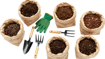 Gardening Supplies Soil Mulch Compost Tools Gloves Overhead View