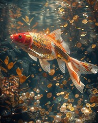 Underwater goldfish with glittering scales surrounded by floating pearls and coins high resolution photo