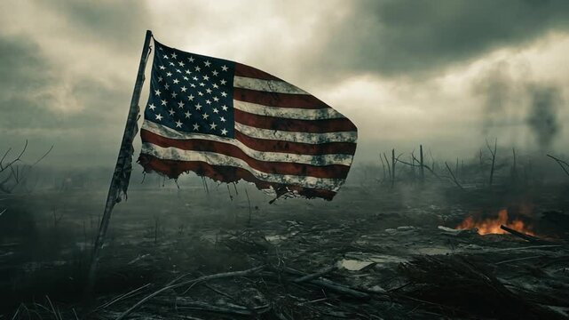 Torn American Flag on Battlefield: A tattered American flag stands defiantly amidst a ravaged battlefield, smoke and fire in the background, symbolizing resilience and sacrifice.