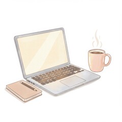 Beige Laptop Workspace with Coffee Mug and Notebook