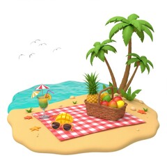 Obraz premium Tropical Beach Picnic with Fruit Basket and Cocktail