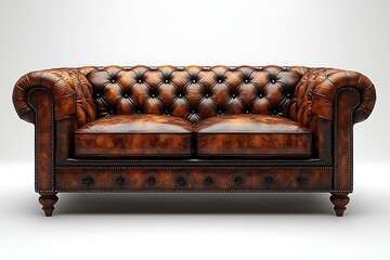 Vintage inspired brown Chesterfield sofa featuring deep tufting and rolled arms high resolution photo
