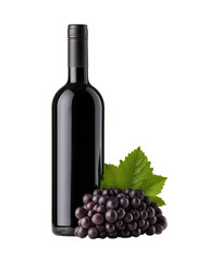 Obraz premium Rich red wine bottle stands proudly beside a cluster of ripe dark grapes with lush green leaves ready for tasting
