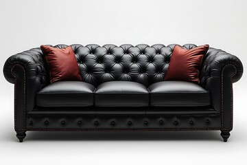 Vintage style black Chesterfield couch with plush red cushions on white background display high resolution photo