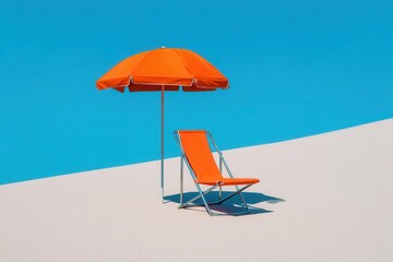 Orange beach chair and umbrella on white sand under bright daylight with clear blue sky background.