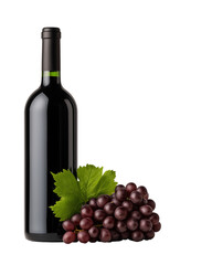 Rich wine bottle stands proudly beside freshly harvested dark grapes and vibrant green leaves ready for culinary delight