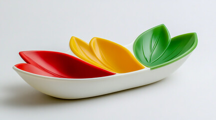 Colorful leaf shaped serving dish with red yellow and green compartments on white background