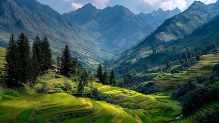 Obraz premium Mountain valley terraced fields landscape