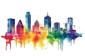 Fototapeta premium Vibrant watercolor cityscape skyline with colorful splashes