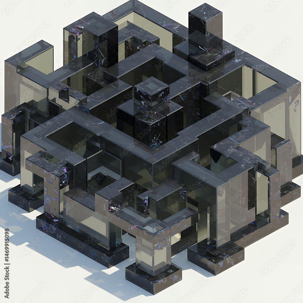 Poster complex crystal cube structure with transparent geometric design in isometric view featuring clear b