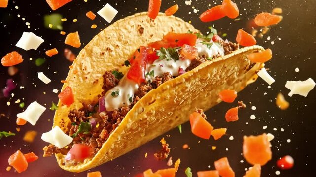 Flavor Explosion: A mouthwatering hard-shell taco bursts with delectable ingredients, perfectly captured in a dynamic, high-angle shot.