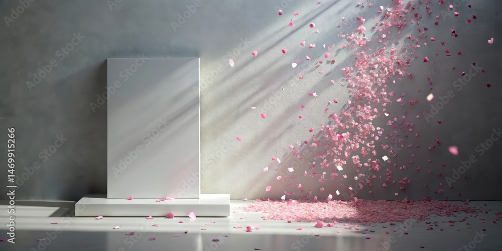 Fototapete serene minimalist studio scene with falling petals and blank canvas for product display