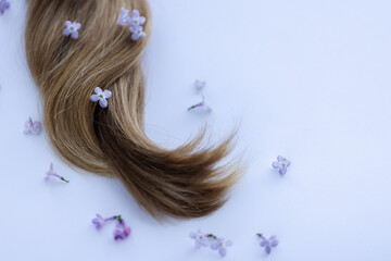 Naklejka premium Female long hair with lilac flowers. Closeup.
