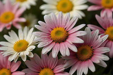 Obraz premium Pink and white daisy and chrysanthemum flowers blooming in a beautiful spring garden Beautiful pink and white daisy and chrysanthemum flowers blooming in a garden, a stunning display of nature's flora