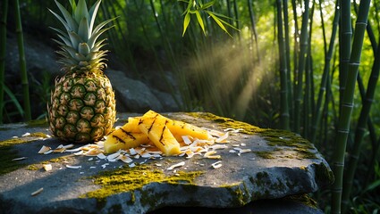 Serving Grilled Pineapple with Coconut Flakes in a Lush Bamboo Forest