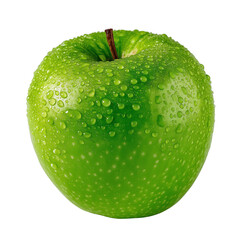 Freshly picked green apple glistening with water droplets in natural light