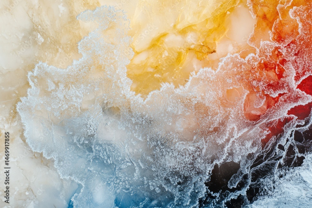Poster abstract image of ice formations with warm and cool color gradients, showcasing intricate textures a