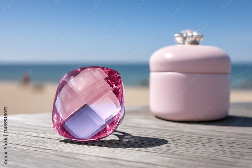 Poster pink ring and matching container placed on a light wooden table in soft daylight setting.