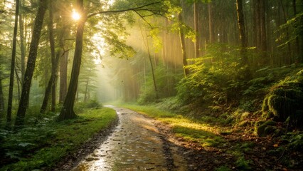 Sunlight beaming through trees on a forest path after a rain shower in nature