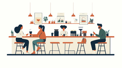 People Enjoying Coffee And Conversation At A Modern Cafe Counter Illustration