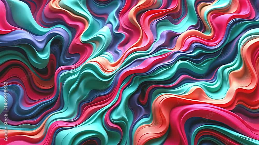 Poster Dynamic flowing patterns of colorful satin textiles abstract composition visual art digital environment close-up view concept of movement and emotion
