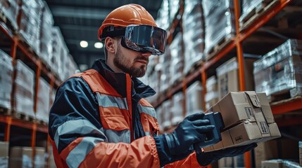 Worker wea VR headset scans boxes with a handheld device in a warehouse, surrounded by shelves stacked high with goods for efficient inventory management.