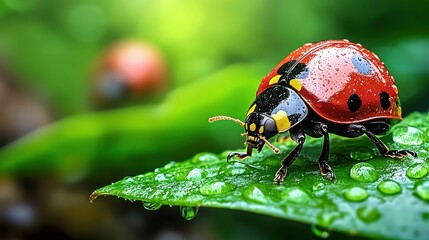 Close up of a ladybug with red and black shell on a dew covered green leaf, shallow depth of field, another ladybug in the blurry background