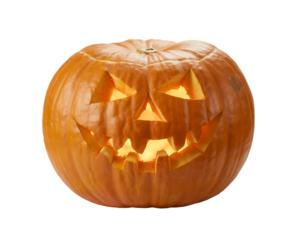 Jack-o'-lantern glowing with a mischievous expression in autumn