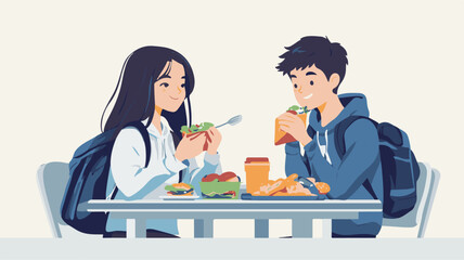 Students Enjoying Lunch Break Together At School Cafeteria With Healthy Food Choices And Backpacks