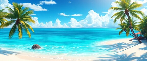 Obraz premium Vibrant anime-style beach scene; turquoise water, white sand, palm trees, colorful, digital art