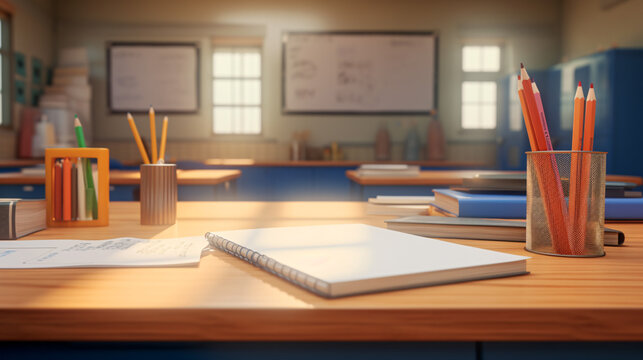 Flat vector illustration of a notebook, eraser, and pencil sharpener placed neatly on a school desk.

