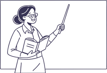 Female teacher explaining with book and pointer in front of whiteboard educational vector illustration

