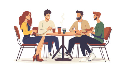 Group Of Friends Enjoying Coffee And Conversation At An Outdoor Cafe Illustration