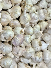 Close-up of a pile of fresh garlic bulbs, ready for cooking.