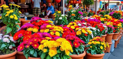 Fototapeta premium Vibrant blooms in terracotta pots, overflowing with color at a bustling market stall, nature, vibrant