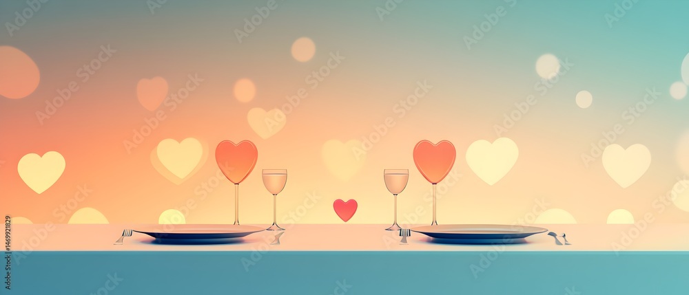 Poster a table with two plates and two wine glasses with hearts on them