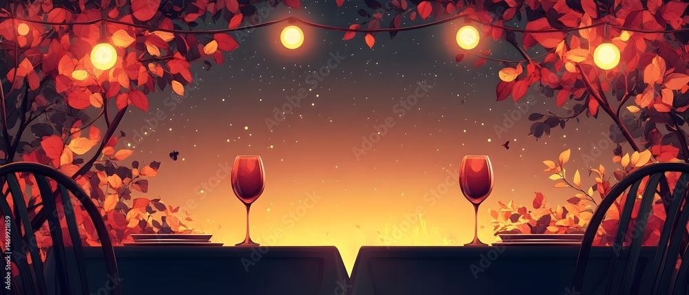Poster a table with two plates and two wine glasses with hearts on them