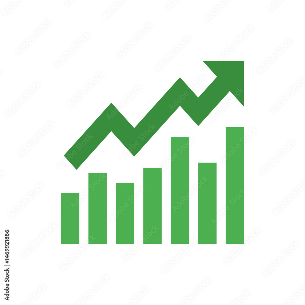 Poster green arrow pointing upwards above a bar graph showing growth and positive trend in a business setti