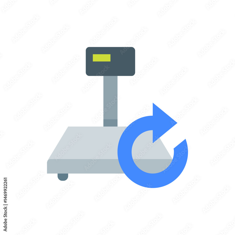 Poster a digital scale with a green screen and a blue circular arrow indicating a reset or refresh function